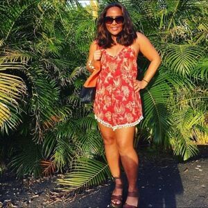 Yireh Red Tan Floral Relaxed Tank Romper